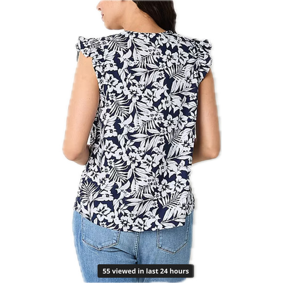 St. John's Bay Linen Ruffled Sleeveless Blouse 3X Blue White Tropical Hawaiian - Picture 3 of 10